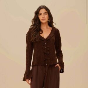 Farm Rio: NWT: Lace Stitch Knit Ruffles Cardigan - Brown